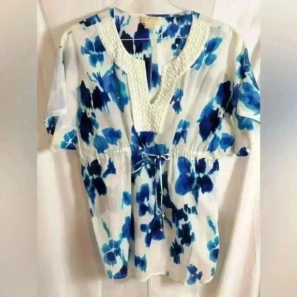Michael Kors Beaded V-Neck White /Blue Blouse with draw string waist (L/XL) - Picture 4 of 16